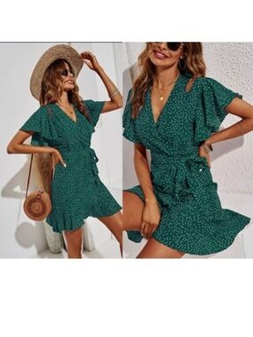 Bardot Teal Polka Dot Ruffled Mini Dress Open Back Ties Size 8